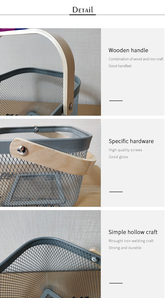 Kitchen Organizer Metal Wire Mesh Fruit Storage Basket With Wooden Handle Large