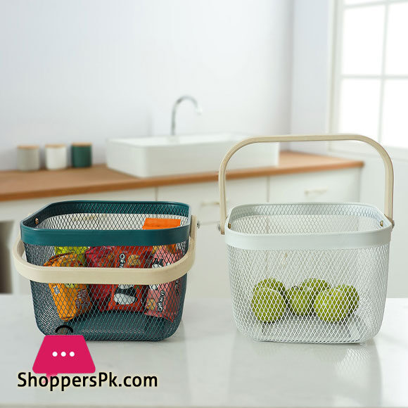 Kitchen Organizer Metal Wire Mesh Fruit Storage Basket With Wooden Handle Small