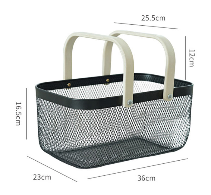 Kitchen Organizer Metal Wire Mesh Fruit Storage Basket With Wooden Handle Large