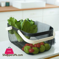 Kitchen Organizer Metal Wire Mesh Fruit Storage Basket with Wooden Handle Large