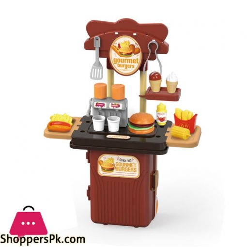 4 in 1 Suitcase Box Fast Food Snack Bar Hamburger Cooking Game Kitchen Toy Play Set for Kids