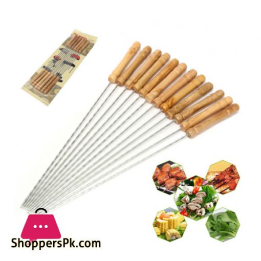 12Pcs Stainless Steel Barbeque Skewer Needle BBQ Kebab Stick Wooden Handle New
