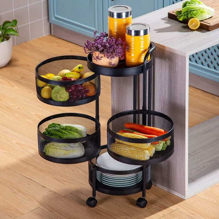 All In One Rotatable Storage Basket Rolling Utility Cart With Handle Vegetables Basket Spice Cart Rack For Bathroom Living Room - ( 5 Layer )
