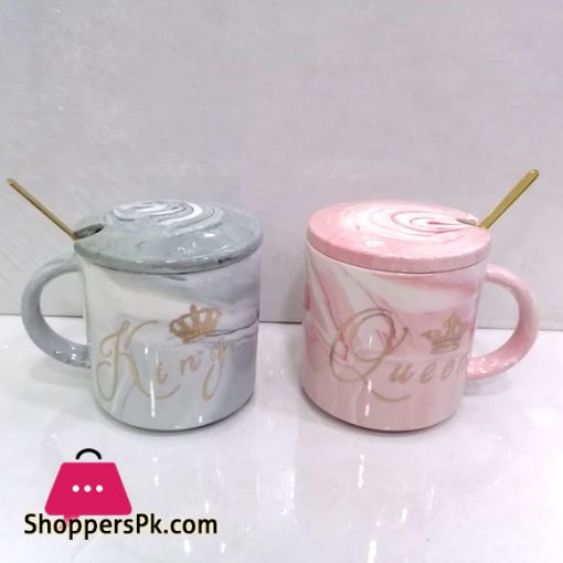 Ceramic Marble Pattern King Queen Mug with Lid Spoon 2 - Pcs