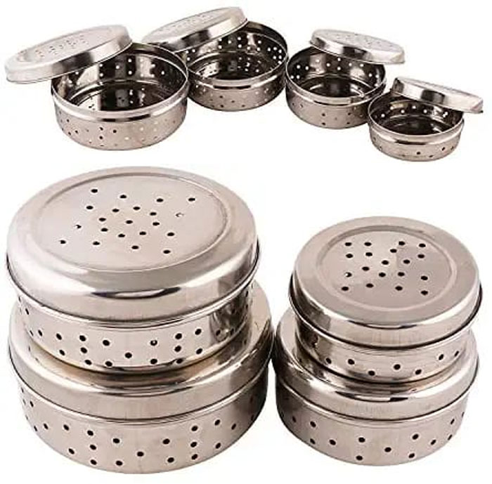 Indian Stainless Steel Coriander Dhania Box Coriander Storage Masala Box With Holes 4 Piece Set
