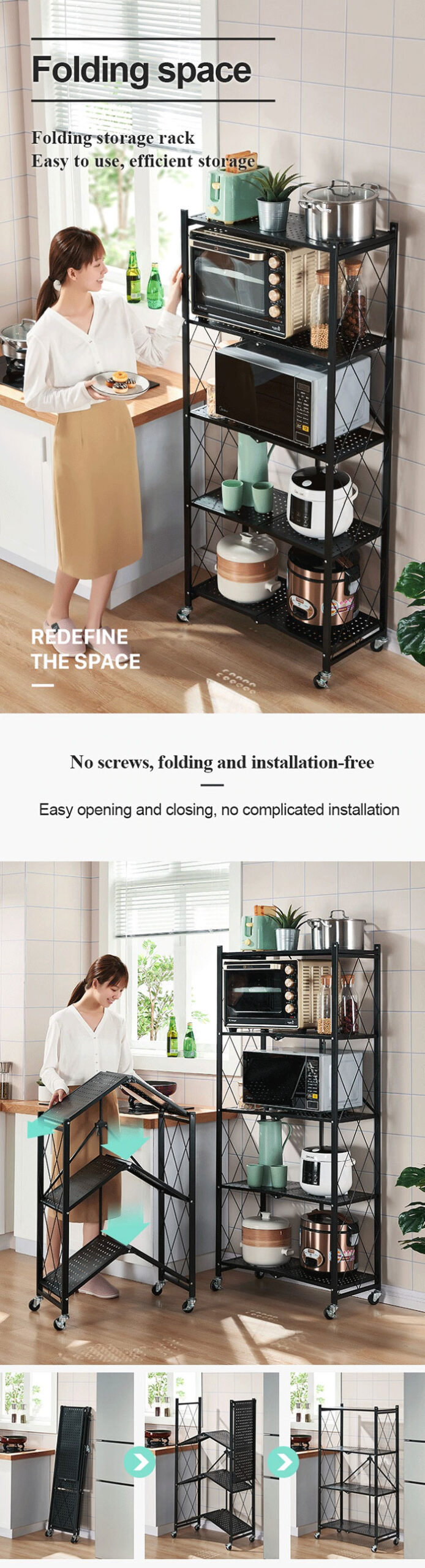 Kitchen Microwave Racks Shelving Storage Unit Foldable Bread Racks Storage Racks Trolleys 3 Tire