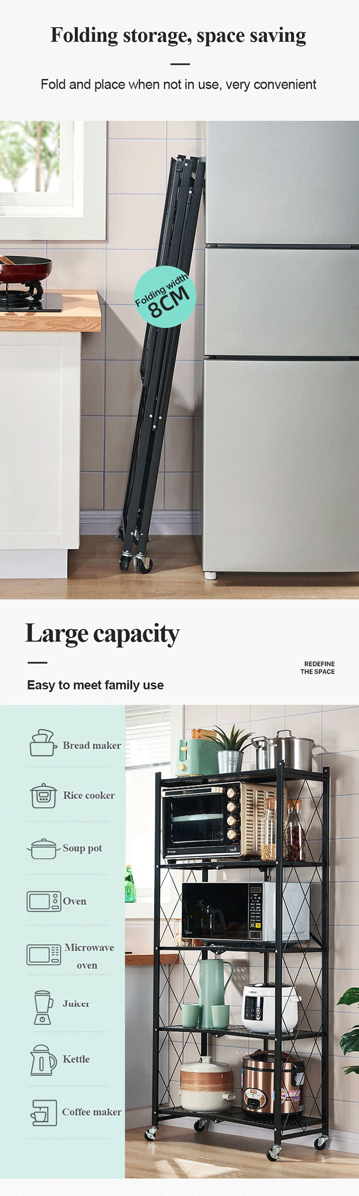 Kitchen Microwave Racks Shelving Storage Unit Foldable Bread Racks Storage Racks Trolleys 3 Tire