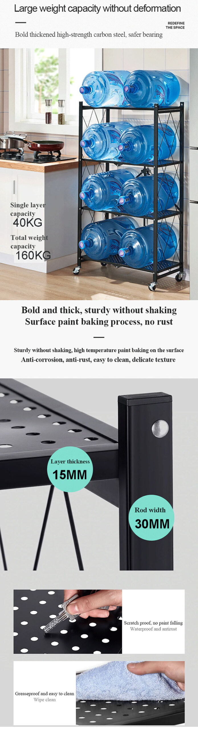 Kitchen Microwave Racks Shelving Storage Unit Foldable Bread Racks Storage Racks Trolleys 3 Tire