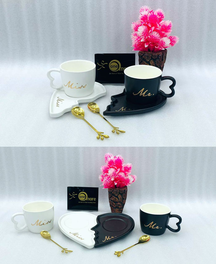 Mr Mrs Black &Amp; White Cup Saucer With Spoon