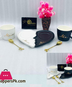 Mr Mrs Black & White Cup Saucer with Spoon