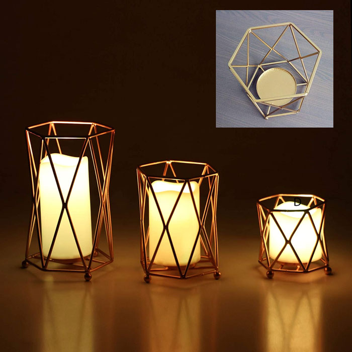 Nordic Style Candle Holder Gold Geometric Metal Iron Art Candle Set Of 3
