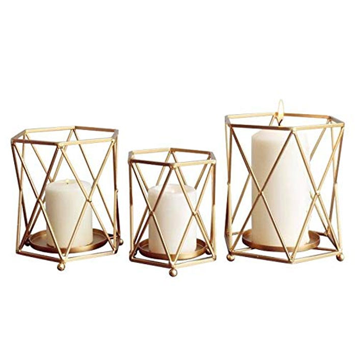 Nordic Style Candle Holder Gold Geometric Metal Iron Art Candle Set Of 3