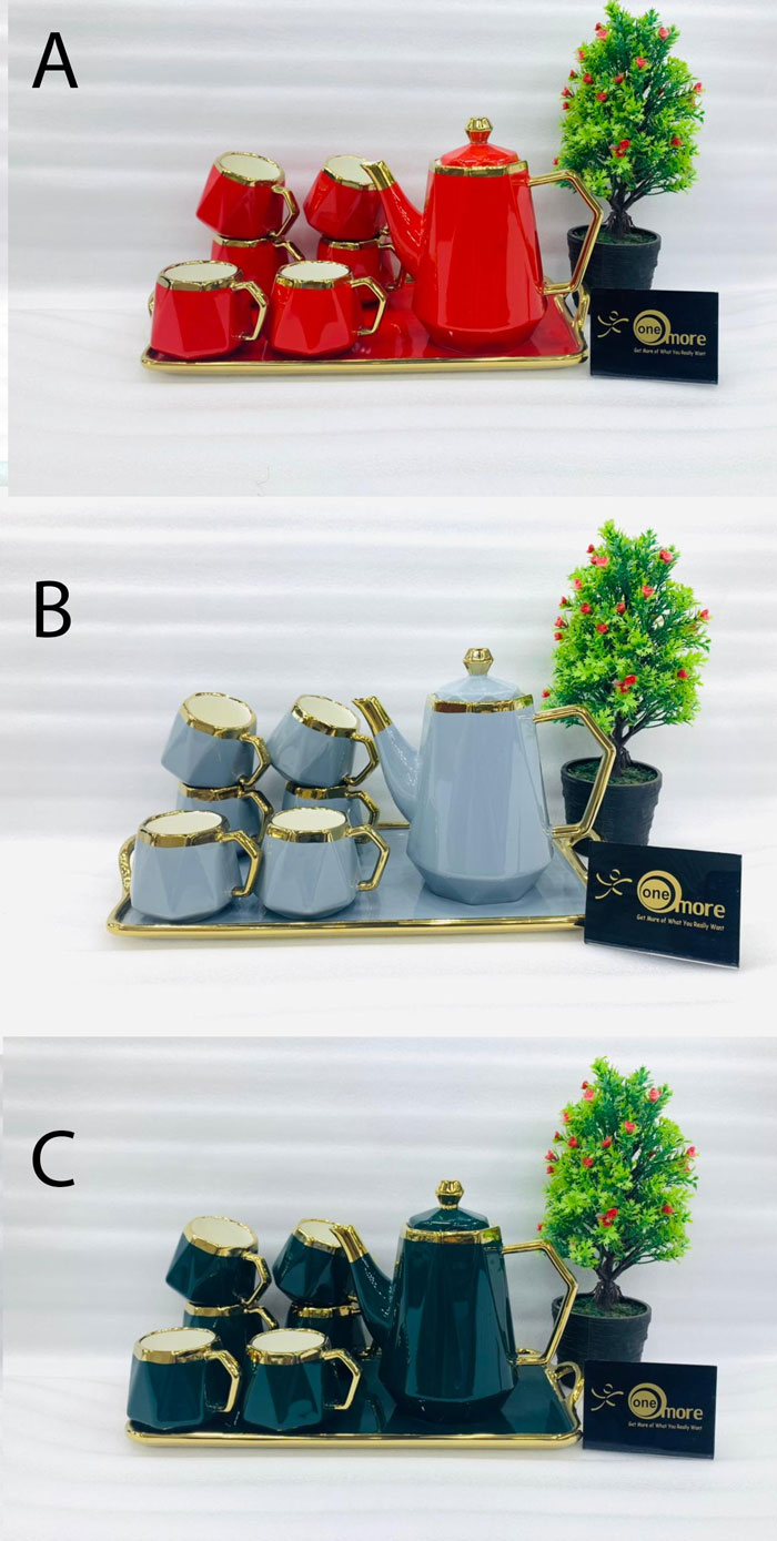 One More Ceramic 6 Cups +1 Kettle +1 Tray Tea Set For Drinkware - Cut Diamond