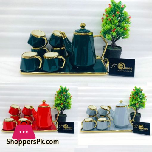 ONE MORE Ceramic 6 Cups +1 Kettle +1 Tray Tea Set For Drinkware - Cut Diamond Round