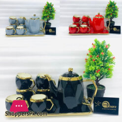 ONE MORE Ceramic 6 Cups +1 Kettle +1 Tray Tea Set For Drinkware - Cut Diamond Round