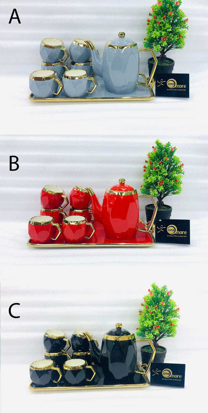 One More Ceramic 6 Cups +1 Kettle +1 Tray Tea Set For Drinkware - Cut Diamond Round