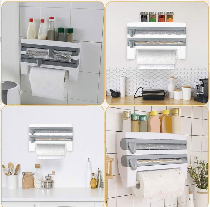 4-in-1 Wall Mount Tissue Holder Multifunctional Kitchen Plastic Wrap Cling Film Paper Roll Cutter Shelf with Spice Sauce Bottle Storage