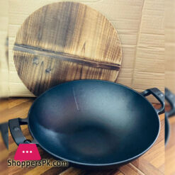 Cast Iron Wok With 2 Handled And Wooden Lid (32-Cm)