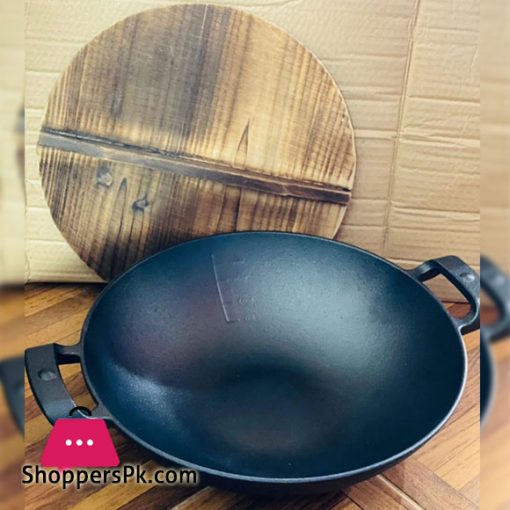Cast Iron Wok with 2 Handled and Wooden Lid (30-CM)