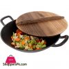 Cast Iron Wok with 2 Handled and Wooden Lid (36-CM)