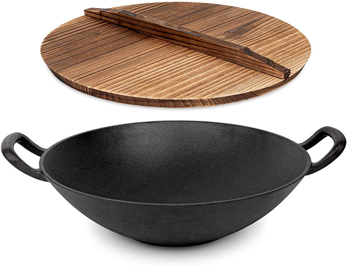 Cast Iron Wok With 2 Handled And Wooden Lid (32-Cm)