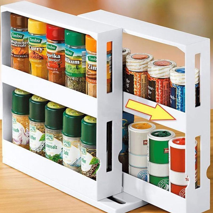Double Row 2 Tier Rotating Jars Spice Rack Organiser Seasoning Storage Holder