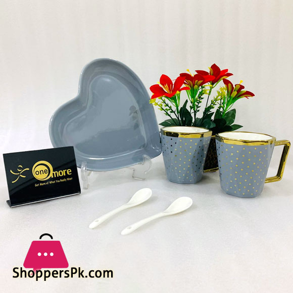 ONE MORE Heart Shaped Couple Ceramic Mug Gold Rim with Spoon Gift Box 1 Pair