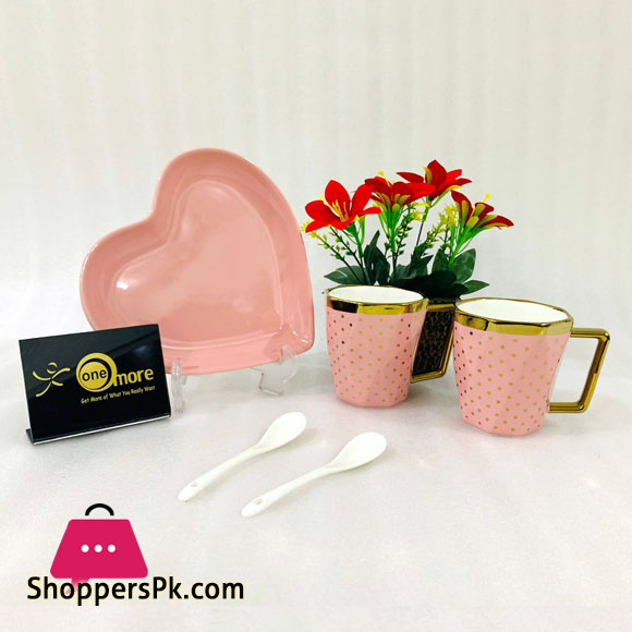 ONE MORE Heart Shaped Couple Ceramic Mug Gold Rim with Spoon Gift Box 1 Pair