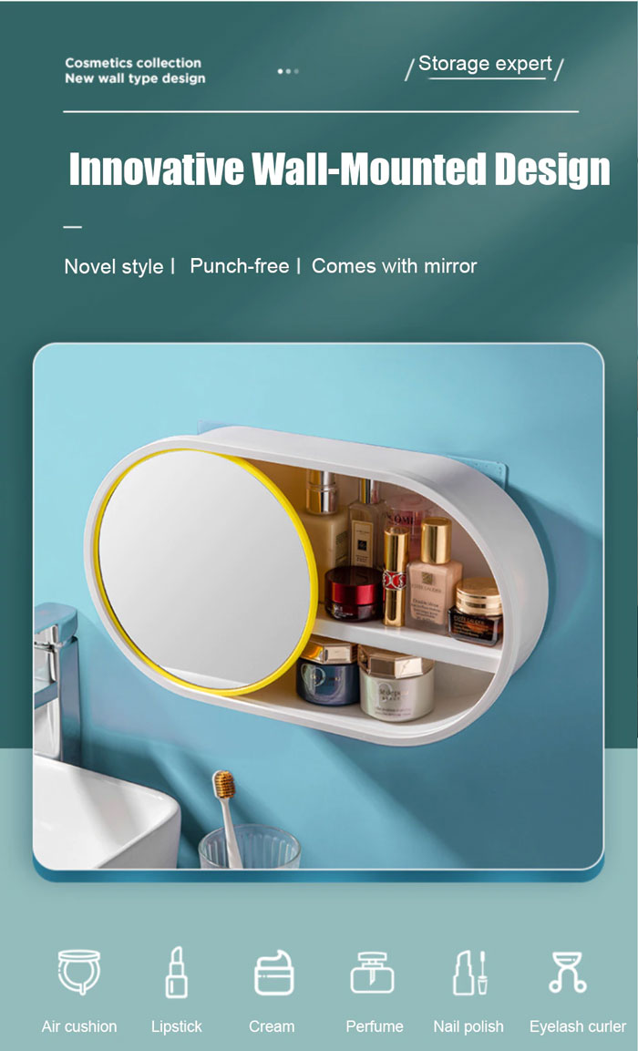 Wall Mounted Cosmetic Storage Organizer With Sliding Mirror