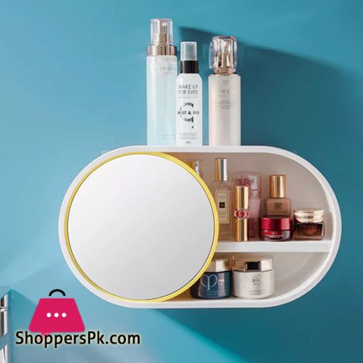 Wall Mounted Cosmetic Storage Organizer With Sliding Mirror