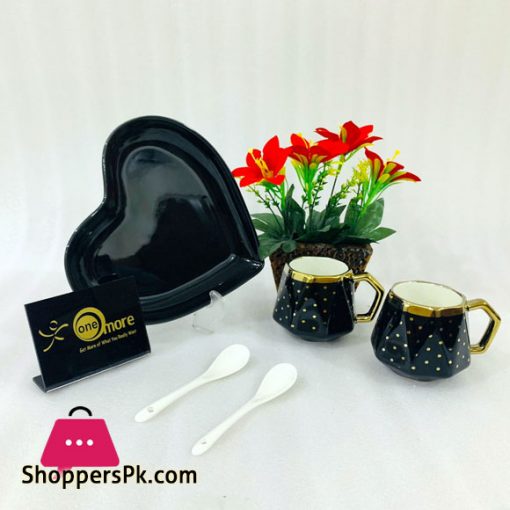 ONE MORE Heart Couple Ceramic Mug Gold Rim with Spoon Gift Box 1 Pair