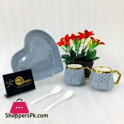 ONE MORE Heart Couple Ceramic Mug Gold Rim with Spoon Gift Box 1 Pair