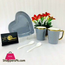 ONE MORE Heart Shaped Couple Ceramic Mug Gold Rim with Spoon Gift Box 1 Pair