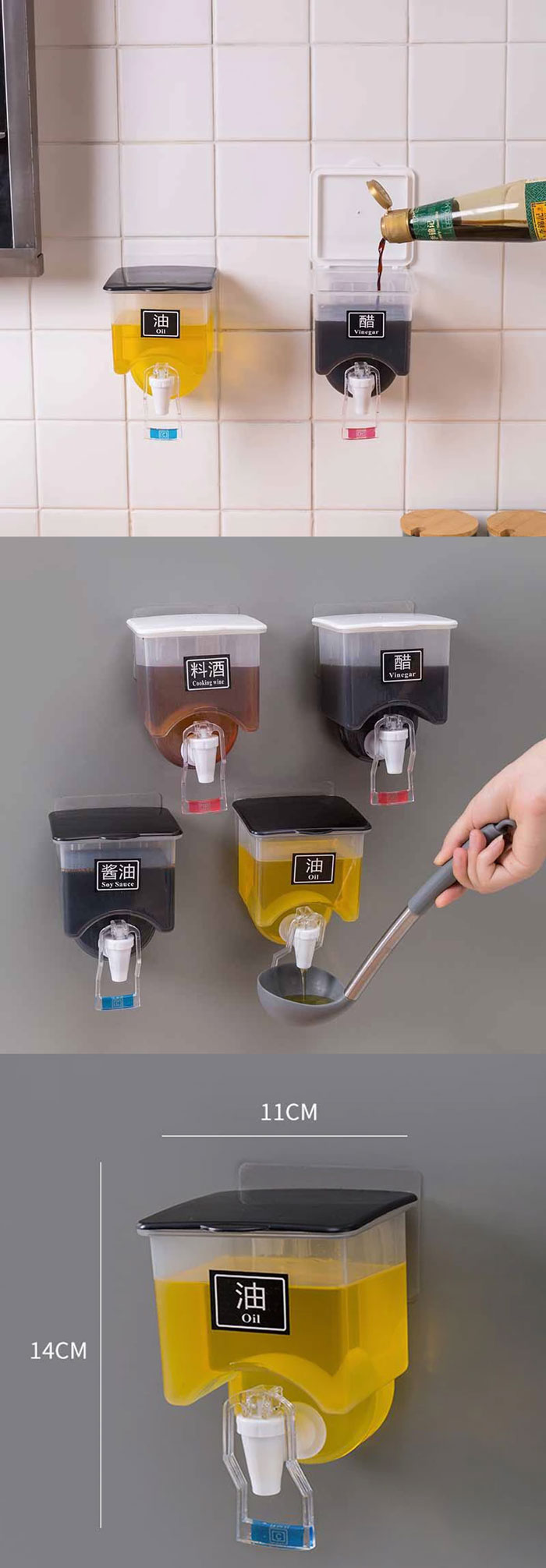 Wall Mounted Oil Bottle Liquid Spice Jar Vinegar Dispenser Bbq Cooking Baking Accessories Kitchen Seasoning Organizer Punch Free 1-Pcs