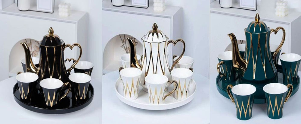 Ceramic Tea Set Gold With Rainbow Touch Revolving Tray 4 Ceramic Tea Set Gold With Rainbow Touch Revolving Tray