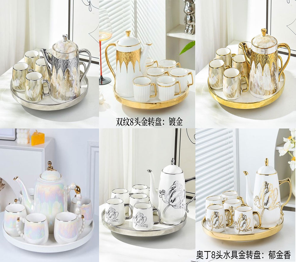 Ceramic Tea Set Gold With Rainbow Touch Revolving Tray 5 Ceramic Tea Set Gold With Rainbow Touch Revolving Tray