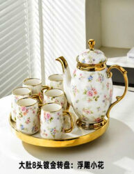 Revolving Tea Cup Set Ceramic Tea Set Gold with Rainbow Touch Revolving Tray in Pakistan