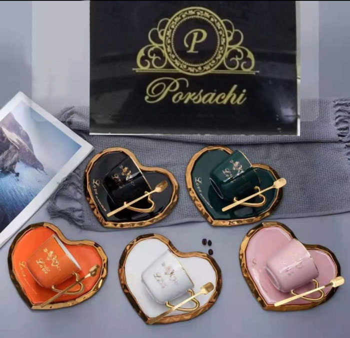 Heart Shape Coffee Mug With Spoon + Tray 4 Heart Shape Coffee Mug With Spoon + Tray