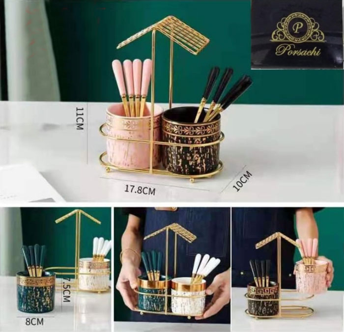 Nordic Luxury Set Of 2 Cutlery Holder Ceramic Kitchen Chopstick Spoon Fork Holder Utensil Holder With Gold Rack