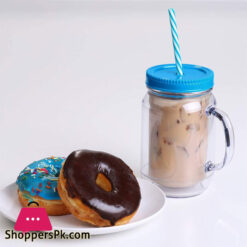 Double Wall Insulated Plastic Mason Jar Tumbler Mug with Striped Straws