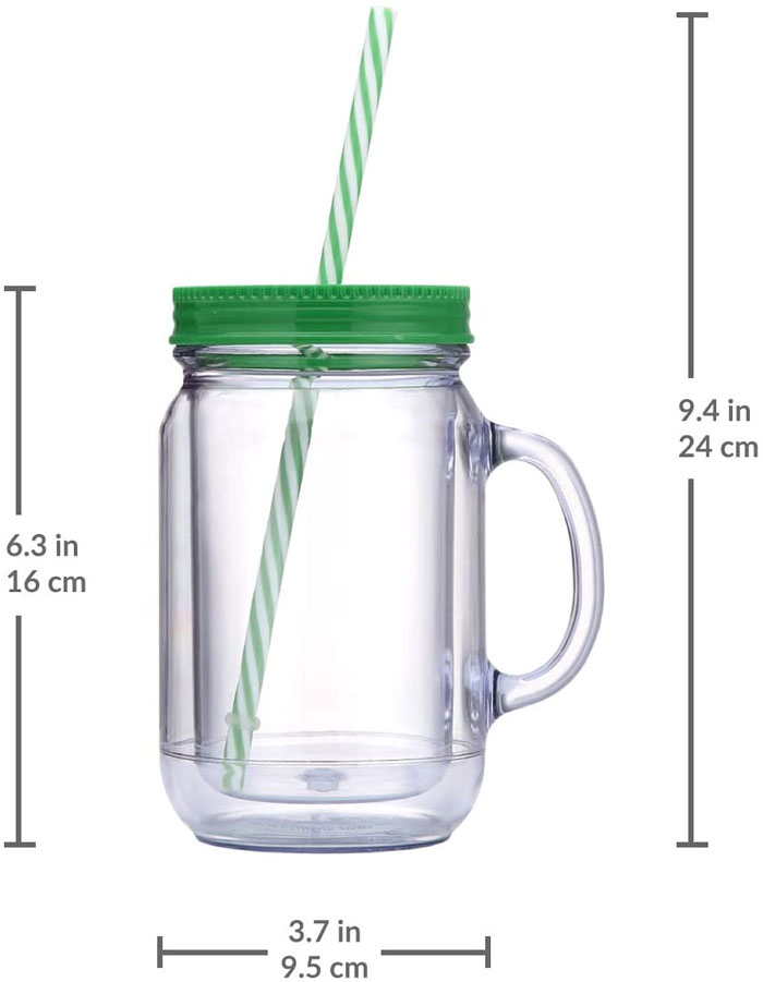 Double Wall Insulated Plastic Mason Jar Tumbler Mug With Striped Straws