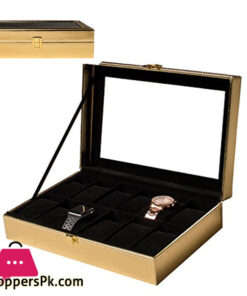 Luxury Gold Watch and Jewelry Box for Men and Women – 12 Slot Organizer Storage Valet Case Real Glass Display