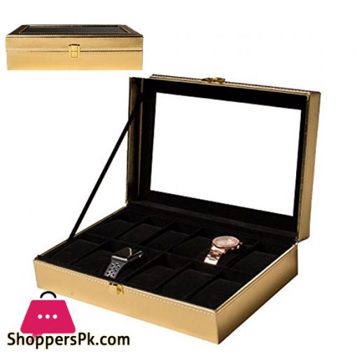 Luxury Gold Watch and Jewelry Box for Men and Women – 12 Slot Organizer Storage Valet Case Real Glass Display
