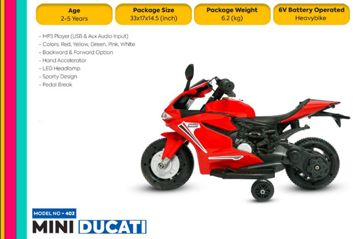 Mini Ducati Kids Ride On Bike Hand Race Option ( 2 To 5 Year Age) 402