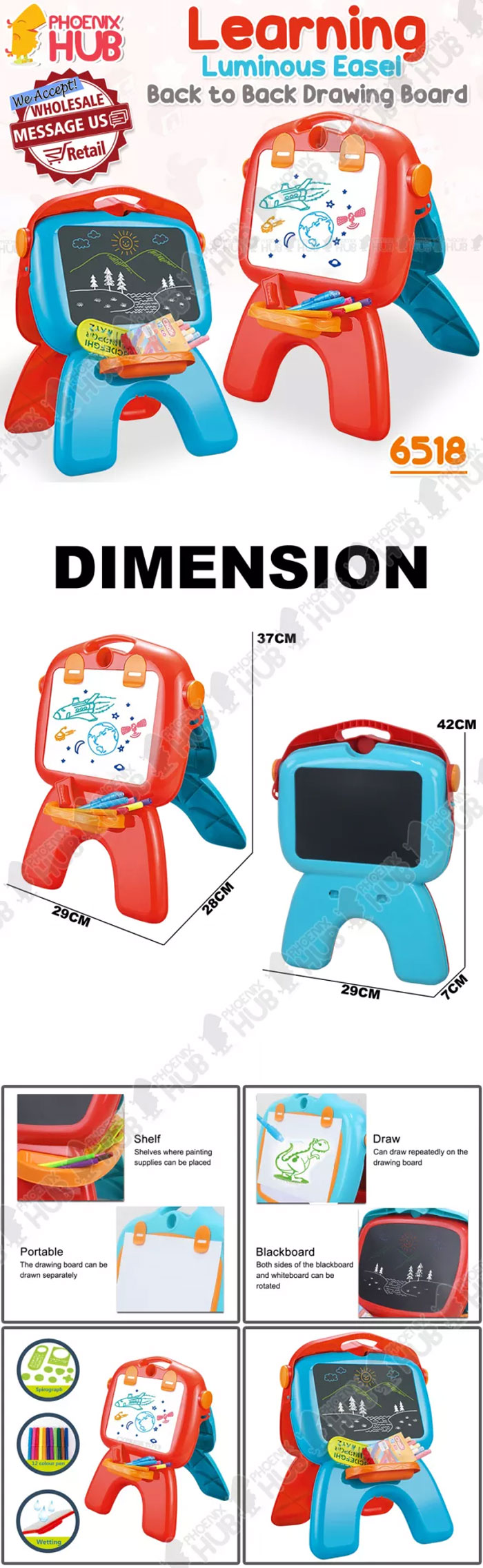 Phoenix Hub 6518 4In1 Kids Children Educational Early Learning Painting Luminous Easel Play Set