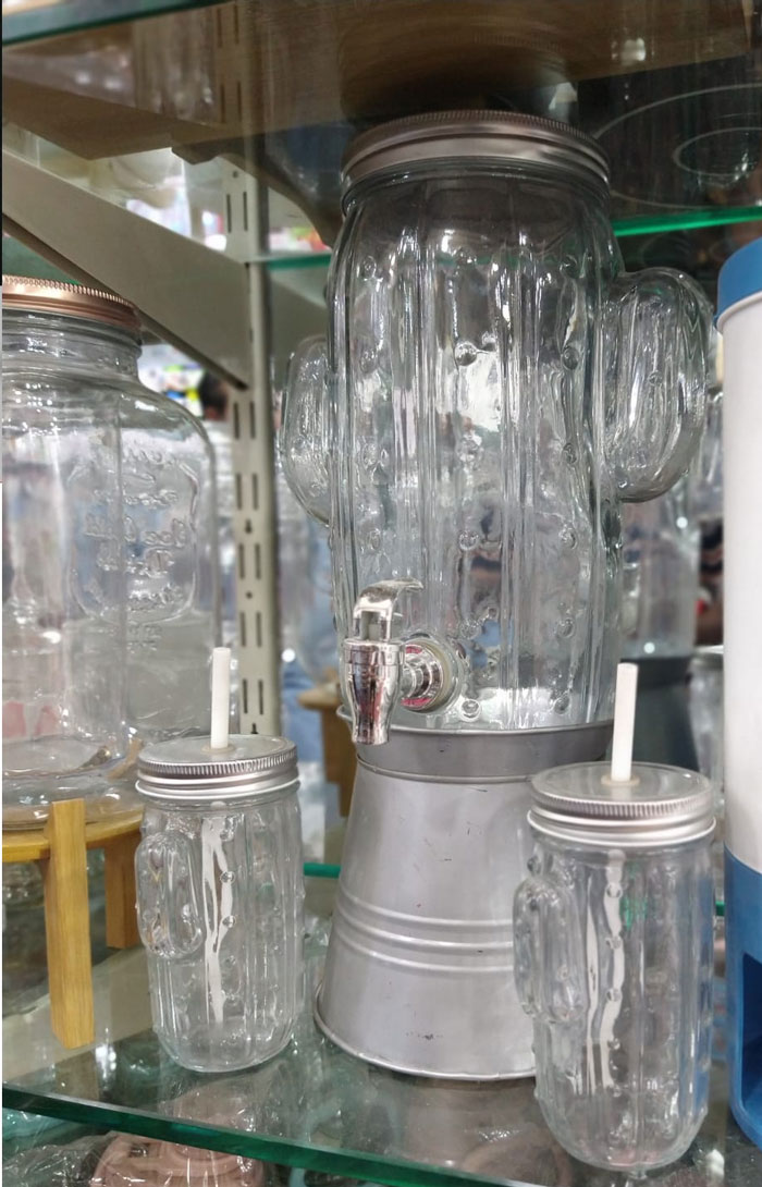 Cactus Glass Dispenser And Jar Set 5 Pcs 3.5 Liter Dispenser With 6 Jars 450Ml