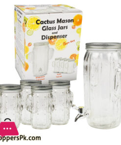 Cactus Glass Dispenser and Jar Set 5 Pcs 3.5 Liter Dispenser with 6 Jars 450ML