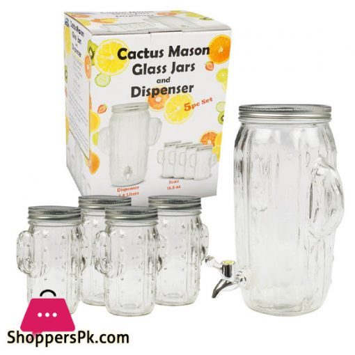 Cactus Glass Dispenser and Jar Set 5 Pcs 3.5 Liter Dispenser with 6 Jars 450ML