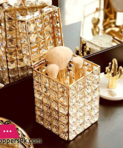 European Luxury Golden Crystal Dressing Table Makeup Brush Organizer Pen Holder With Lid Eyebrow Pencil Square Storage Box Holder