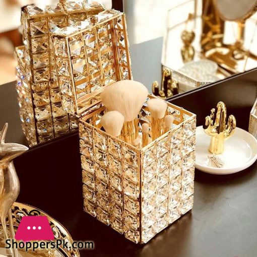 European Luxury Golden Crystal Dressing Table Makeup Brush Organizer Pen Holder With Lid Eyebrow Pencil Square Storage Box Holder